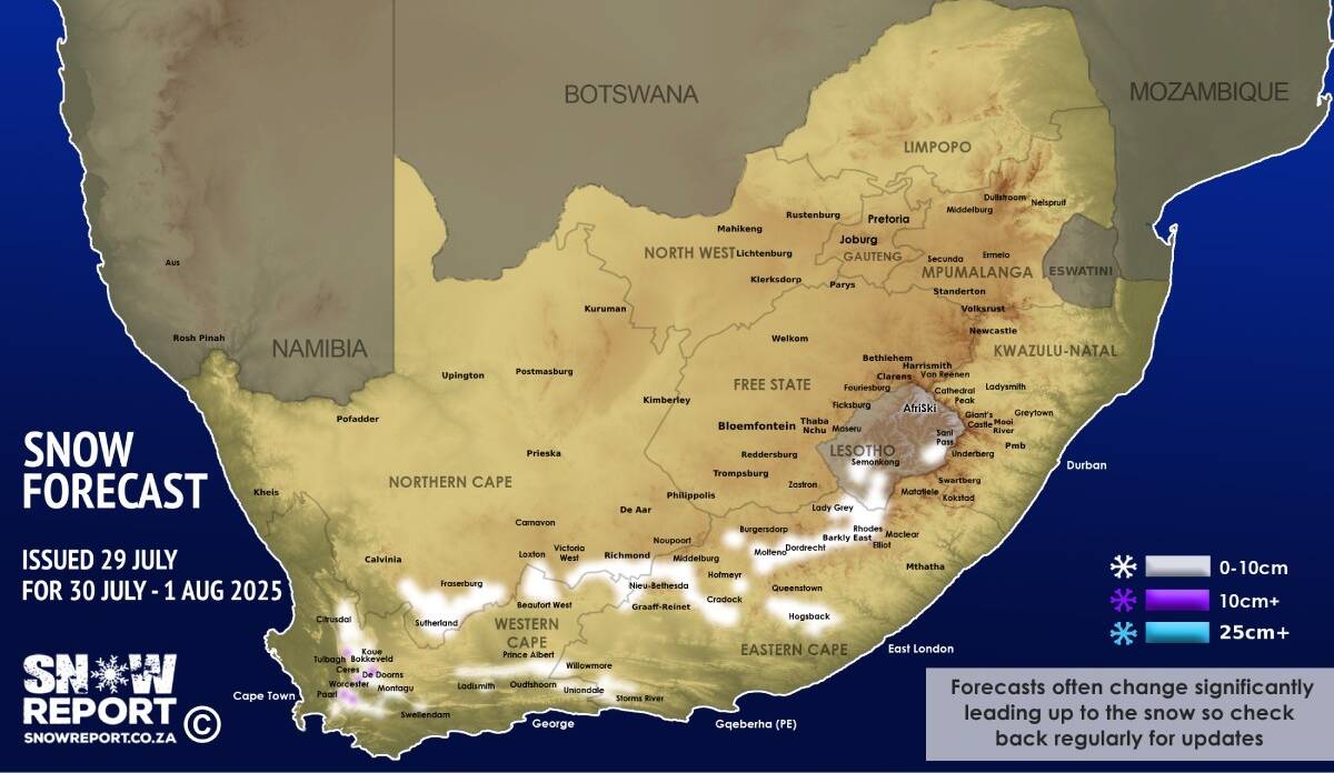 ❄ UPDATED SNOW FORECAST: More snowfall possible in three SA provinces and Lesotho this week - more details at snowreport.co.za #snowreportsa #africansnow #weather