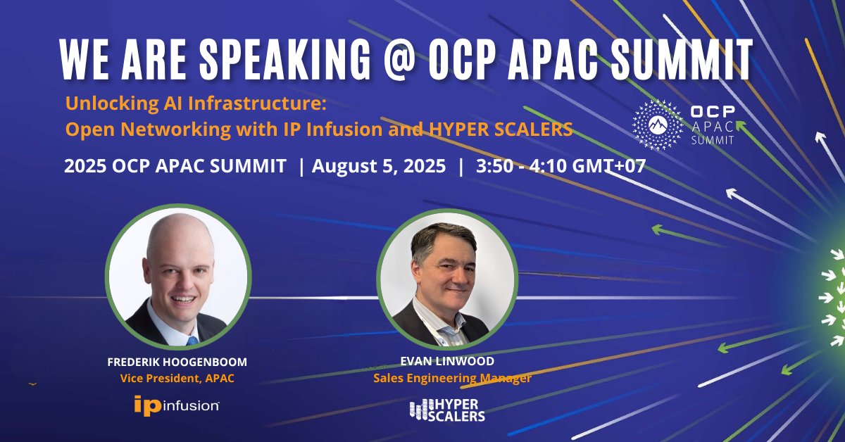 IP Infusion (@ipinfusion) on Twitter photo Fred Hoogenboom of IP Infusion will be speaking with Evan Linwood of <a href="/Hyperscalers/">Hyperscalers</a> at the OCP APAC Summit in Taipei, on August 5 at 3:55 PM. Join us for an exciting session — Learn more here: ipinfusion.com/ocp-apac-summi…
#AIInfrastructure
#OpenNetworking
#UltraEthernet Fred Hoogenboom of IP Infusion will be speaking with Evan Linwood of <a href="/Hyperscalers/">Hyperscalers</a> at the OCP APAC Summit in Taipei, on August 5 at 3:55 PM. Join us for an exciting session — Learn more here: ipinfusion.com/ocp-apac-summi…
#AIInfrastructure
#OpenNetworking
#UltraEthernet