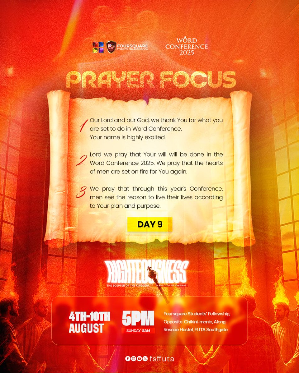 fsffuta's tweet photo. Day 9 of our Prayer Focus for Word Conference 2025 is here
We thank God for what He is set to do
We pray that His will is established and hearts are set on fire again
Through this conference, may lives align with His purpose
Let the countdown continue ⏬
#fsffuta #futa #Word https://t.co/E5t3t2Id05