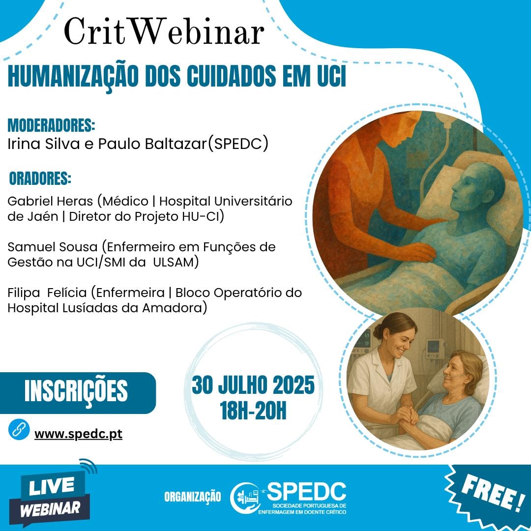 Mañana participaremos en el CritWebinar sobre Humanización de los Cuidados en la UCI de la mano de la Sociedade Portuguesa de Enfermagem em Doente Crítico 🇵🇹🙌🏼

Inscripción gratuita en el siguiente enlace forms.gle/nBcHAQonYtzHDd…

¡Muito obrigado pelo convite!