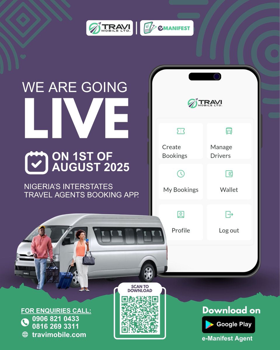 Travimobileltd's tweet image. On August 1st, 2025, the Travi E-Manifest App will officially launch. This is a game-changer for booking interstate travel in Nigeria.
👥 Agents, get ready to book trips and earn BIG per trip
📲 Scan &amp;amp; download now!
#TraviAgentApp #DigitalBooking #NigeriaTravel #InterstateTravel