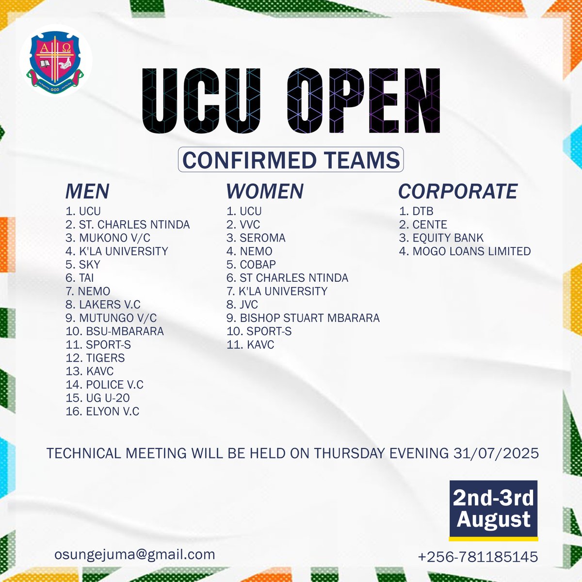🚨 UCU Open Volleyball Tournament returns this Weekend.
Uganda’s top volleyball clubs will converge at the UCU Sports Complex in Mukono for the highly anticipated UCU Open 2025. 
Fans, let's show up and support our teams.

See you there!
#UgandanVolleyball