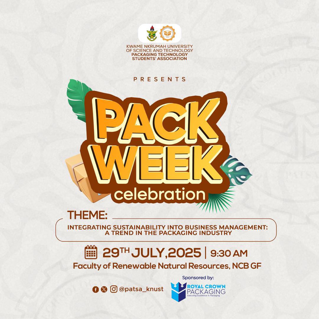 *Pack Week Celebration*  starts tomorrow, Organized by the Packaging Technology Students' Association, the event focuses on *"Integrating Sustainability into Business Management: A Trend in the Packaging Industry"*.Time:9:30AM on July 29th,2025
Sponsor:Royal Crown packaging