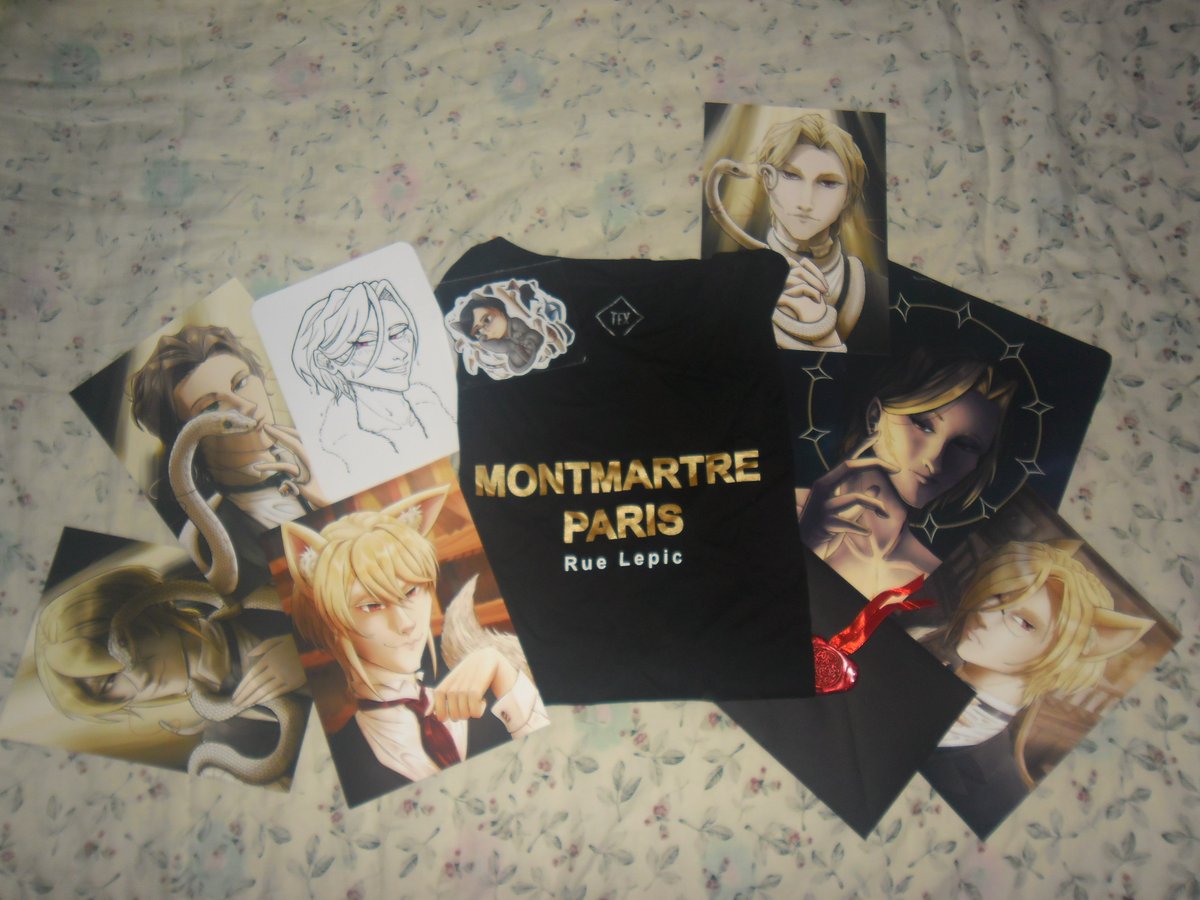 tempestknife's tweet image. Got my fav fic t-shirt AND A LOT OF GOODIES from the lovely @ik_arani !! I've read your handwritten letter and I sobbed for half an hour, thank you so so soo much for feeding my montmartre heart &lt;3 ilysm 🥹