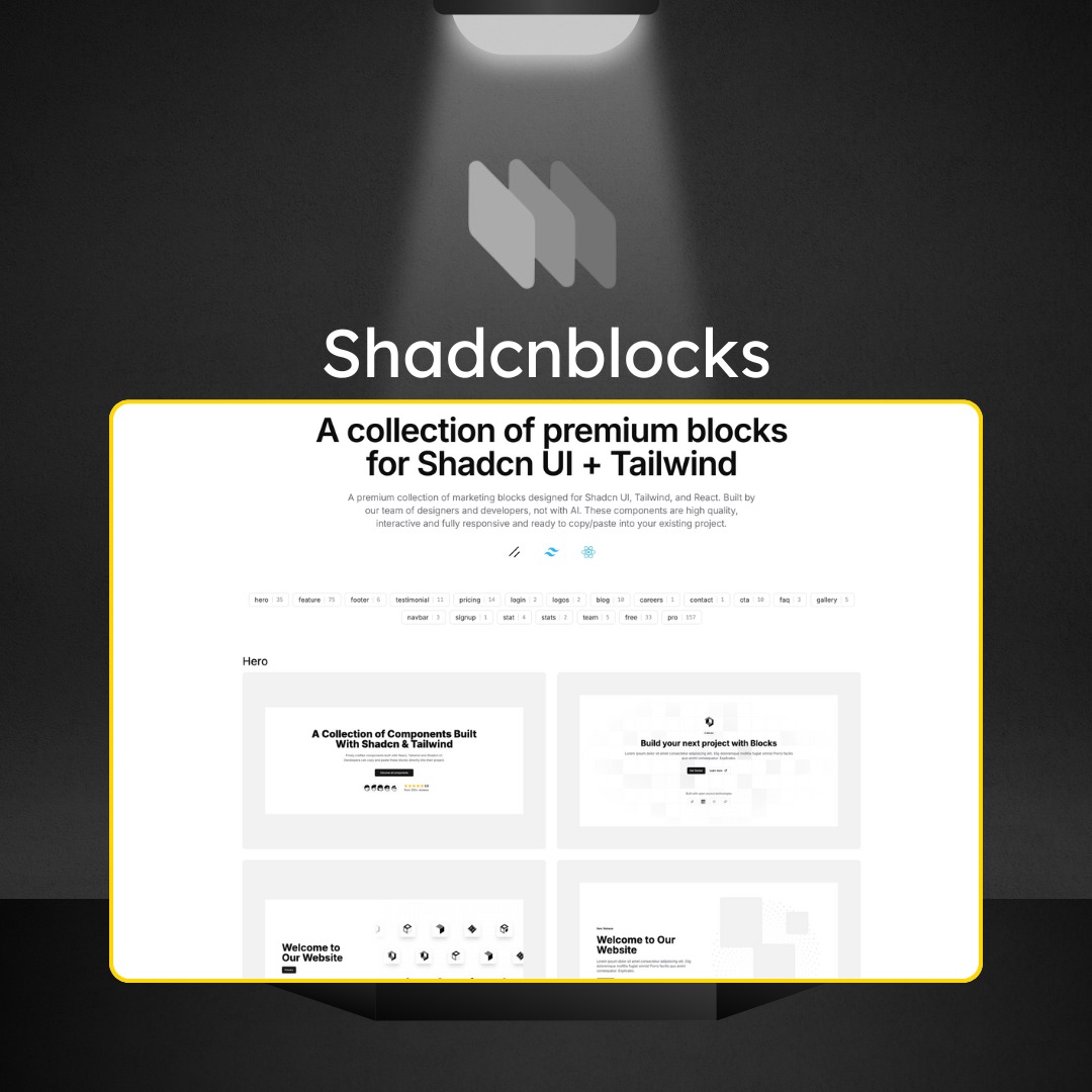 Introducing Shadcnblocks: hand-crafted blocks and components for shadcn/ui, Tailwind, and React.

⭐️ 600+ blocks and components
⭐️ 50+ new blocks per month
⭐️ 4+ Premium templates
⭐️ Figma kit
⭐️ Admin kit

See the full collection → saasboilerplates.dev/shadcnblocks

Thx for sponsoring 🙏