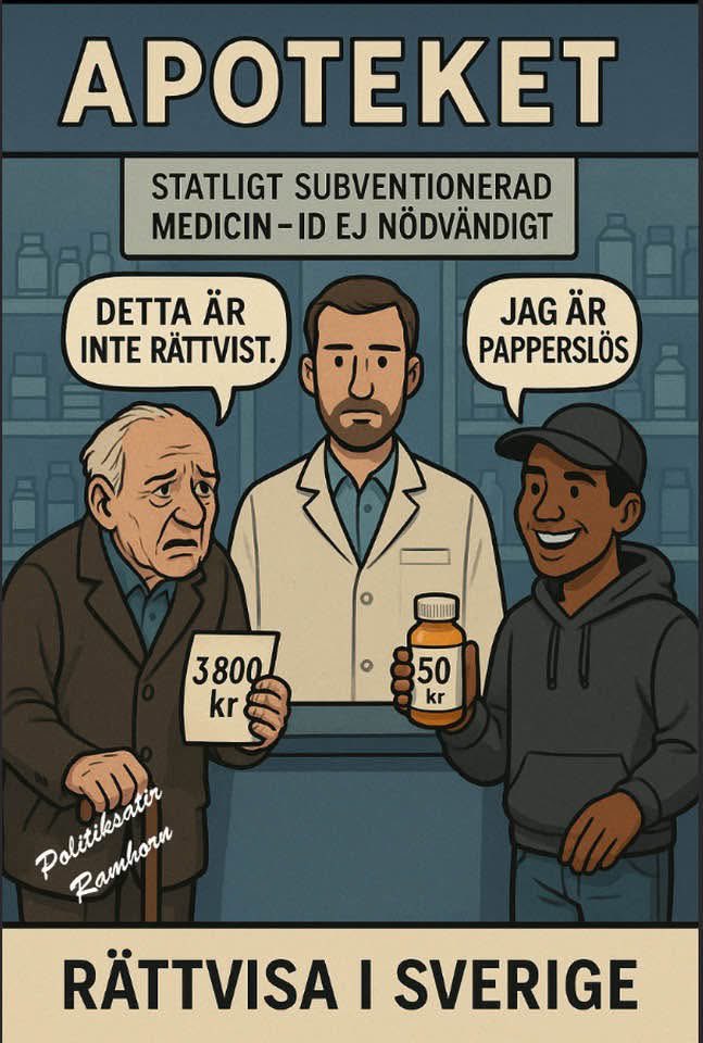 tageserlander's tweet image. Jobbat hela livet? Betalat skatt? Byggt landet? Grattis, din medicin kostar 3 800 kr. Kommer du hit utan papper, ID eller historik? Varsågod, 50 kr räcker.
Det är inte orättvist. Det är så svensk socialdemokrati fungerar! Islamiseringen och befolkningsutbytet är ett faktum!