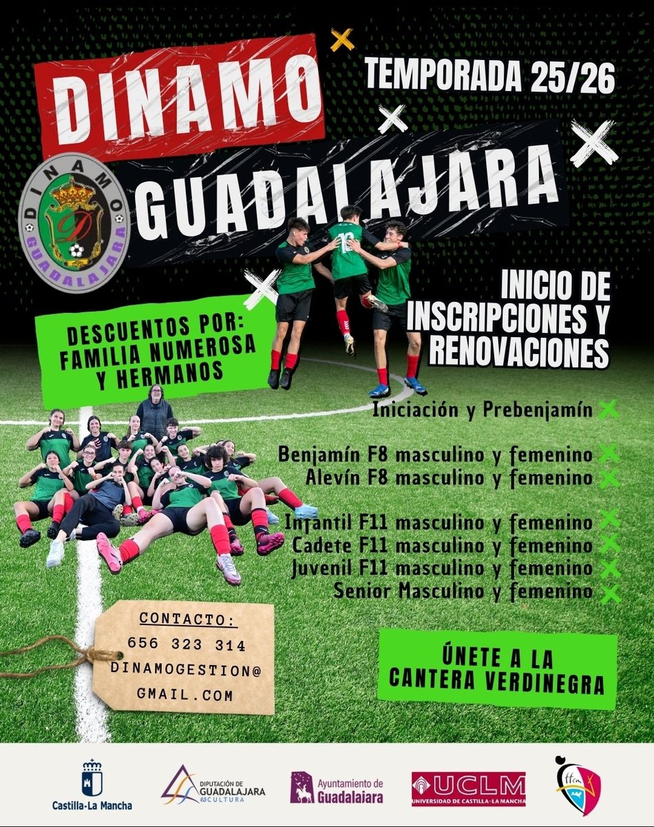 🚨 ULTIMAS PLAZAS - TEMPORADA 2025/2026 🚨 

🌐Podéis realizar la inscripción a través de nuestra página web: 

dinamoguadalajara.com/Registro/Inscr…

📍¡No te quedes sin tu plaza!

📞Cualquier duda, en los teléfonos de contacto y correo electrónico. 

¡Un saludo y feliz verano!
