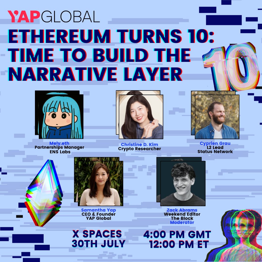 10 years in, Ethereum's biggest missing piece isn't technical - it's narrative 🔥

Join us as we explore why the world's most developer-rich blockchain still struggles with fragmented messaging and conflicting voices.

Ft. 
- <a href="/mely_jpg/">mely.eth</a>, Partnerships Manager <a href="/ensdomains/">ens.eth</a> 
- <a href="/0xcyp/">cyp.eth</a>,