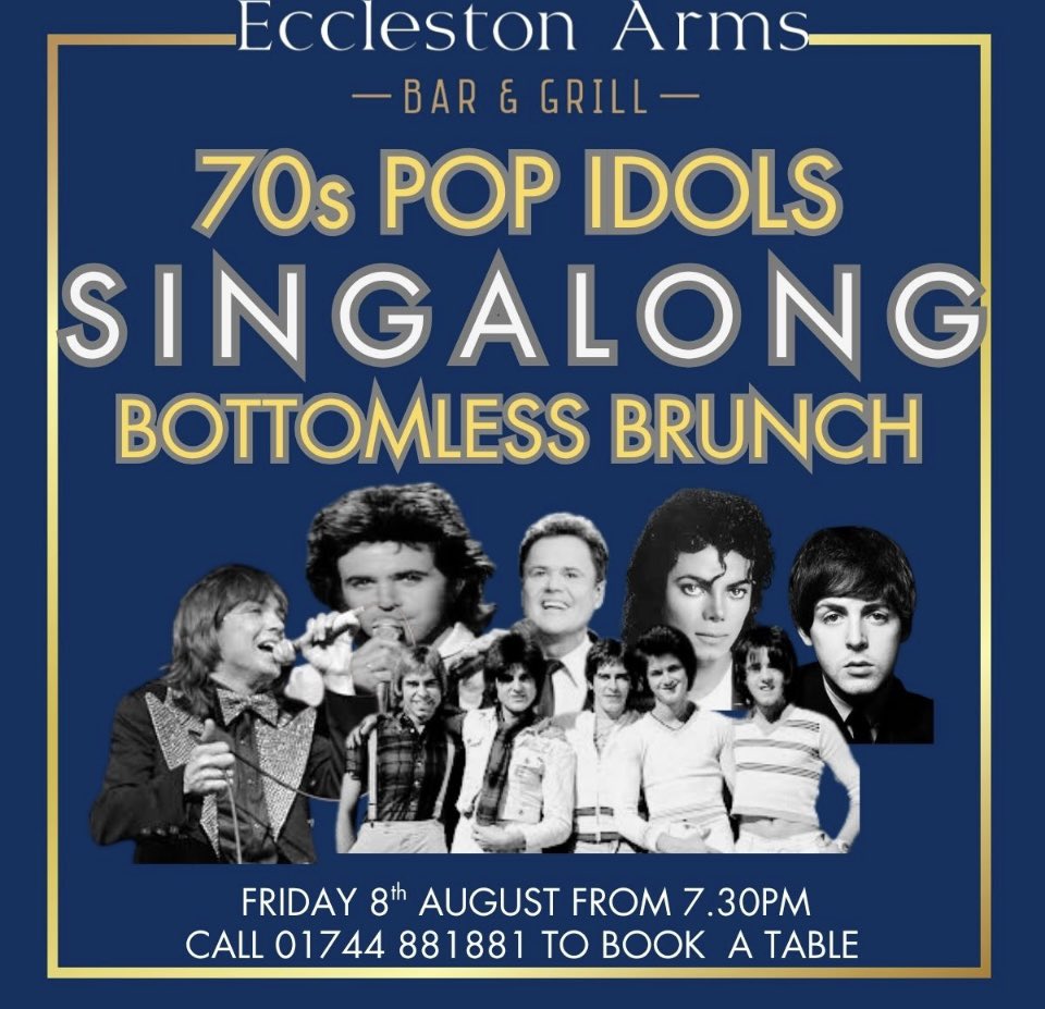 EcclestonArms's tweet photo. Book your table niw fir our next singalong brunch on the 8th August 🥳
Bring back those great memories of the 70’S. 

call 01744 881881 to book https://t.co/K4p9BfOiXh