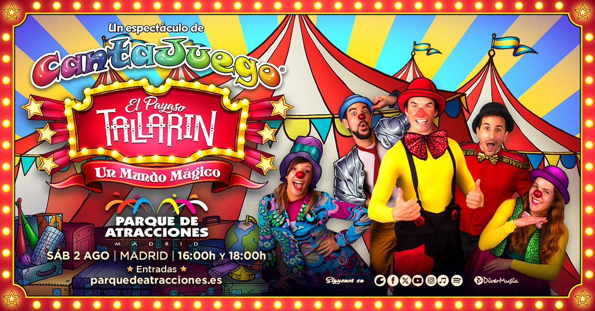 CantaJuego (@cantajuegos) on Twitter photo 🎶 Nos vemos este sábado en el <a href="/patraccionesmad/">Parque de Atracciones Madrid</a>
#ElCircoDelPayasoTallarín despliega su carpa a las 16h y a las 18h con nuestro espectáculo #UnMundoMágico 😊
¡Último mes!
👍🏻 Más info en nuestra web cantajuego.com/conciertos/ 🎶 Nos vemos este sábado en el <a href="/patraccionesmad/">Parque de Atracciones Madrid</a>
#ElCircoDelPayasoTallarín despliega su carpa a las 16h y a las 18h con nuestro espectáculo #UnMundoMágico 😊
¡Último mes!
👍🏻 Más info en nuestra web cantajuego.com/conciertos/