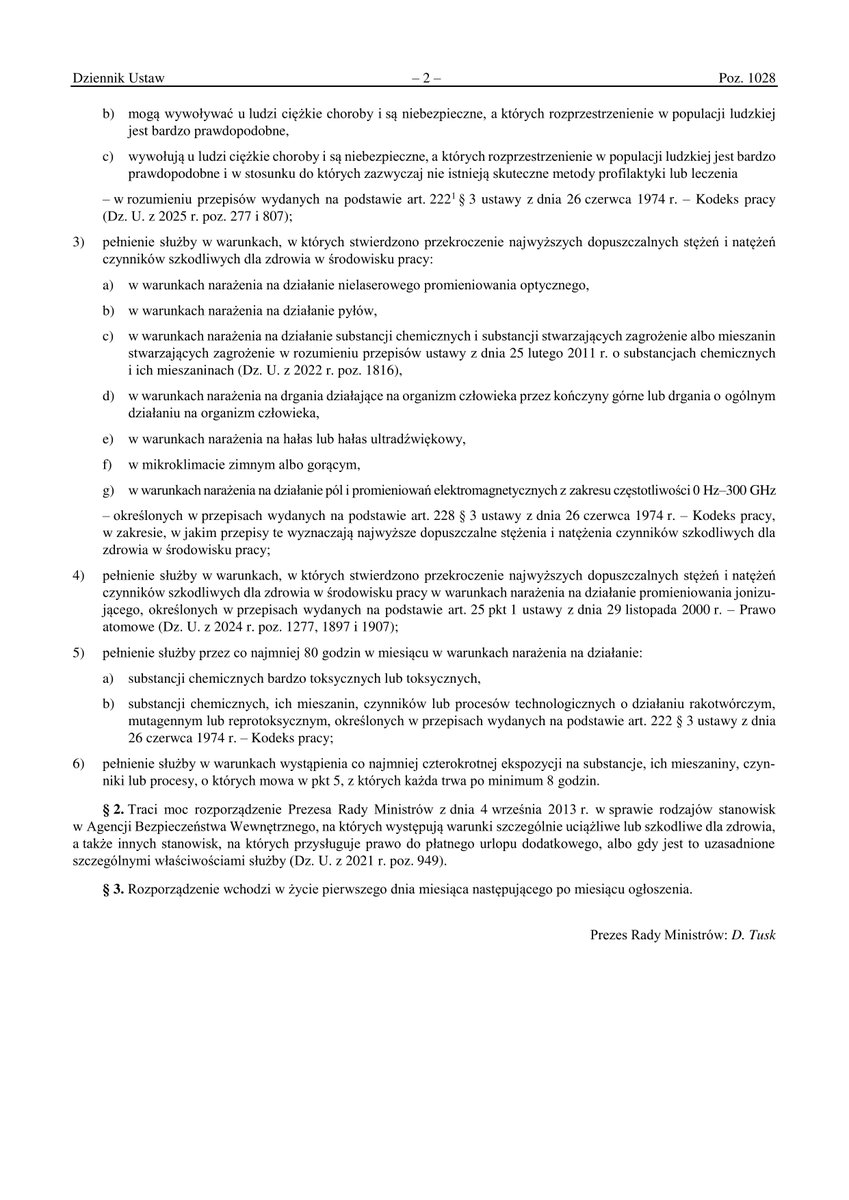 Dziennik Ustaw (@dziennik_ustaw) on Twitter photo Dz.U. 2025 poz. 1028
Rozporządzenie <a href="/PremierRP/">Kancelaria Premiera</a> z dnia 25 lipca 2025 r. w sprawie rodzajów stanowisk w Agencji Bezpieczeństwa Wewnętrznego, na których występują warunki szczególnie uciążliwe lub szkodliwe dla zdrowia, a także innych …
dziennikustaw.gov.pl/D2025000102801… Dz.U. 2025 poz. 1028
Rozporządzenie <a href="/PremierRP/">Kancelaria Premiera</a> z dnia 25 lipca 2025 r. w sprawie rodzajów stanowisk w Agencji Bezpieczeństwa Wewnętrznego, na których występują warunki szczególnie uciążliwe lub szkodliwe dla zdrowia, a także innych …
dziennikustaw.gov.pl/D2025000102801…