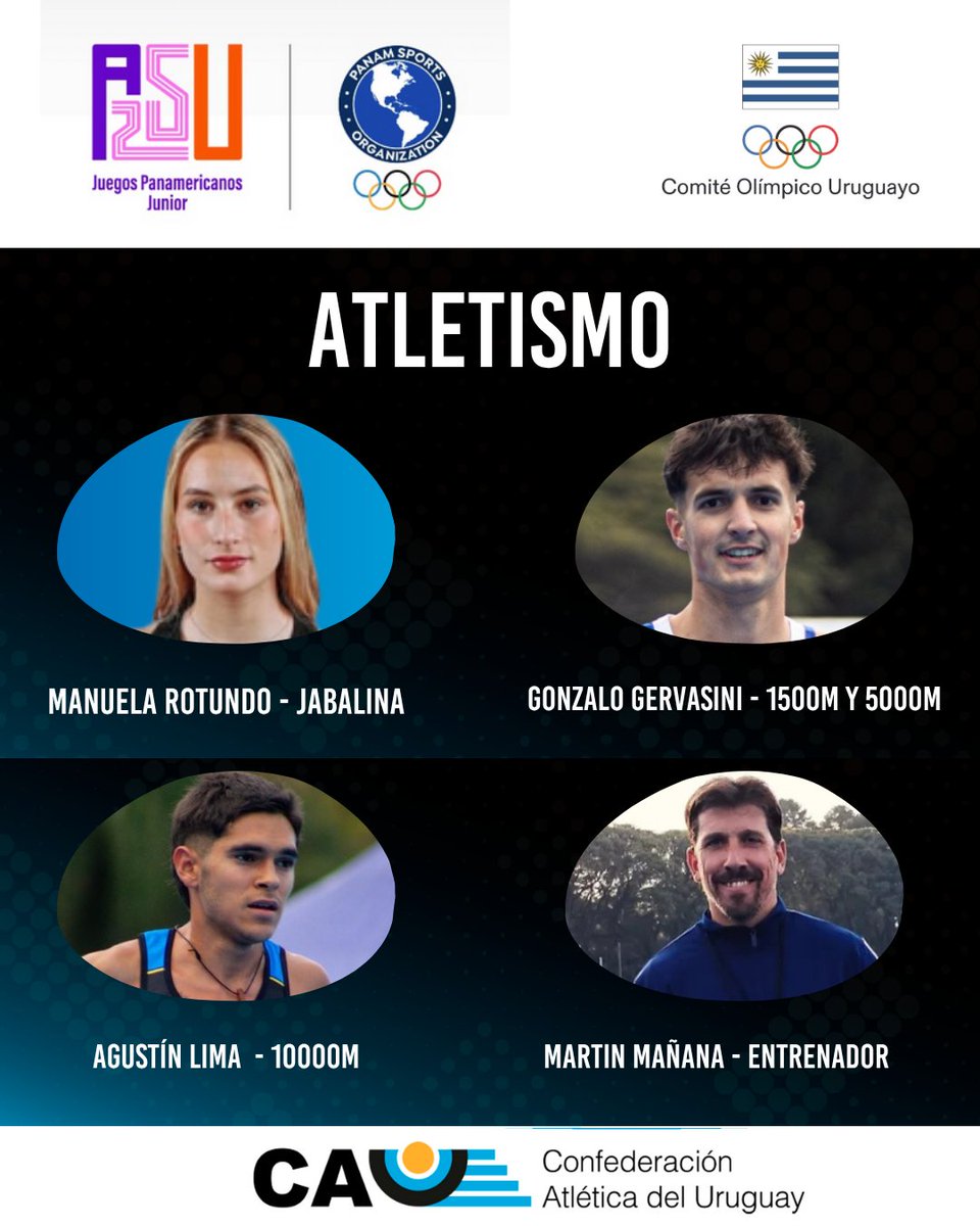 Felicitaciones a los atletas que nos representarán en los Juegos Panamericanos Junior en Asunción, Paraguay.

El atletismo se disputará del 18 al 22 de agosto.

🇺🇾

#atletismoCAU