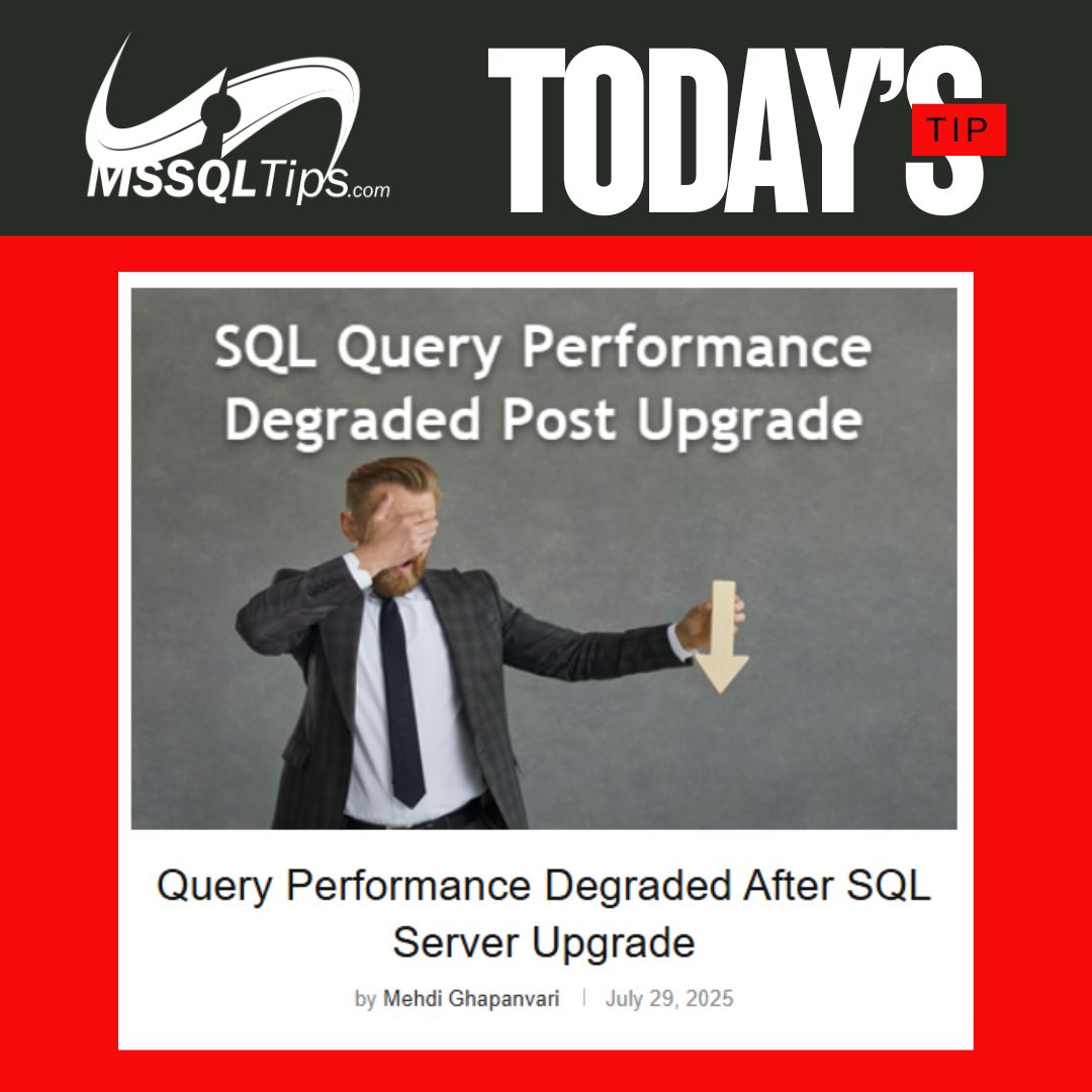 mssqltips's tweet image. Today&apos;s Tip | Query Performance Degraded After SQL Server Upgrade
&amp;gt;&amp;gt; mssqltips.com/sqlservertip/1…
In this article, we look at an example of degraded query performance after a SQL Server 2022 migration and a possible fix.

#PerformanceTuning #Migration #SQLServer2022 #MSSQLTips