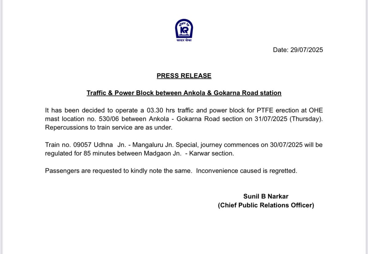 Traffic &amp; Power Block between Ankola &amp; Gokarna Road station.