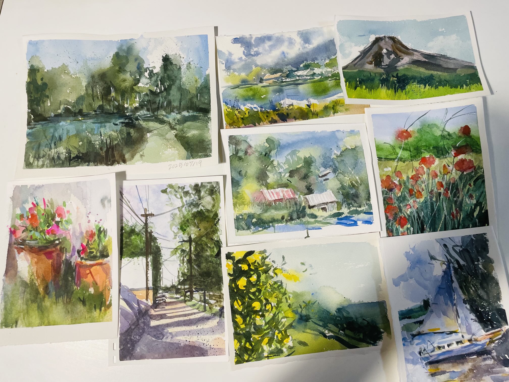 人気作家　杵渕やすお　水彩画 雨の中の風景 人気作家 杵渕やすお 水彩画 雨の中の風景
