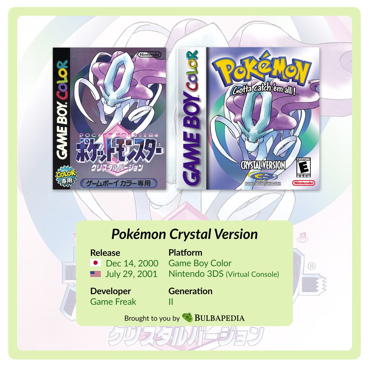 24 years ago today, Pokémon Crystal Version was first released for the Nintendo Game Boy Color in North America!

This third Generation II game introduced a playable female character for the first time in the core series - Kris.