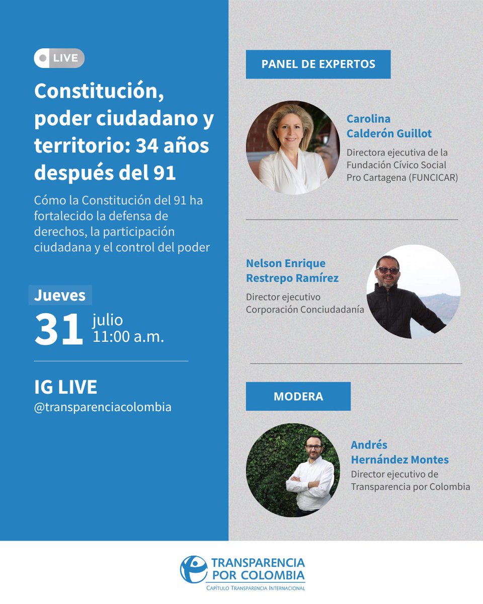📣 ¡Hablemos sobre la Constitución del 91 y su impacto en los territorios!

Acompáñanos en una conversación con @conciudadania y <a href="/funcicar/">Funcicar</a>, donde exploraremos cómo la Constitución de 1991 ha fortalecido la defensa de derechos, la participación ciudadana y el control al poder.
