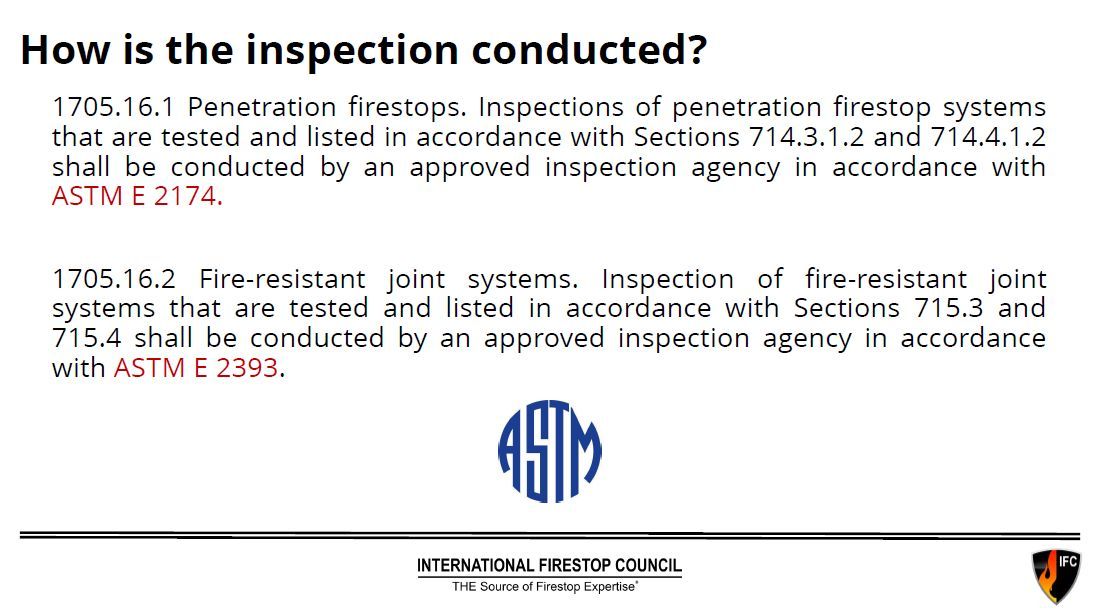 Firestop_Org's tweet photo. Not all firestop inspectors meet code. AHJs &amp; contractors—make sure they know ASTM E2174 &amp; E2393.

Request a FREE firestop training seminar to ensure compliance &amp; safety, https://t.co/NnxRT5huDH  

#Firestop #AHJ #LifeSafety #BuildingCode https://t.co/I7amArU6bR