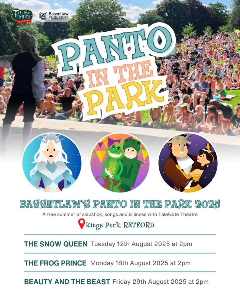 There's just two weeks to go until we welcome @talegatetheatre back to Kings' Park in Retford, for Panto in the Park 2025! 🤩🥳

Their first show will be The Snow Queen, taking place on Tuesday, 12th August 2025, starting at 2:00pm. ❄️👑

All Panto in the Park shows are free and