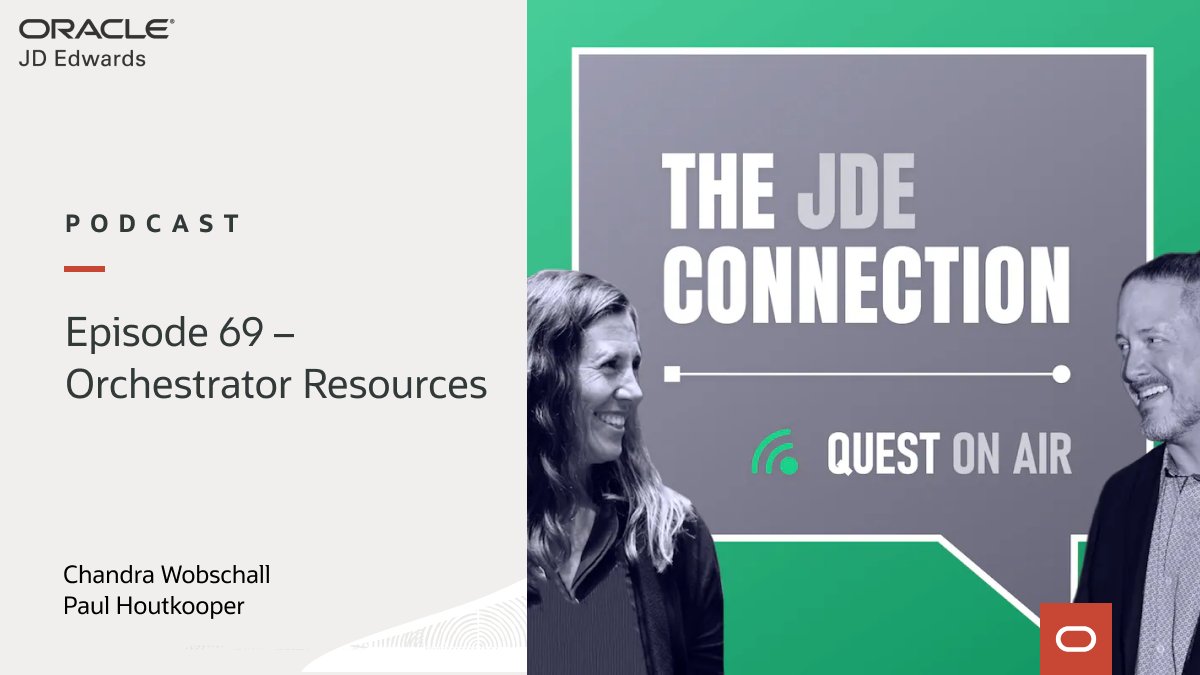 OracleJDEdwards's tweet photo. Start with a small automation or go big with the #JDEdwards #Orchestrator! Episode 69 of The JDE Connection is all about exploring key #Orchestrator resources with hosts Chandra and @Houty11: https://t.co/xm1iN7ijYS https://t.co/rU3QsxrsXE