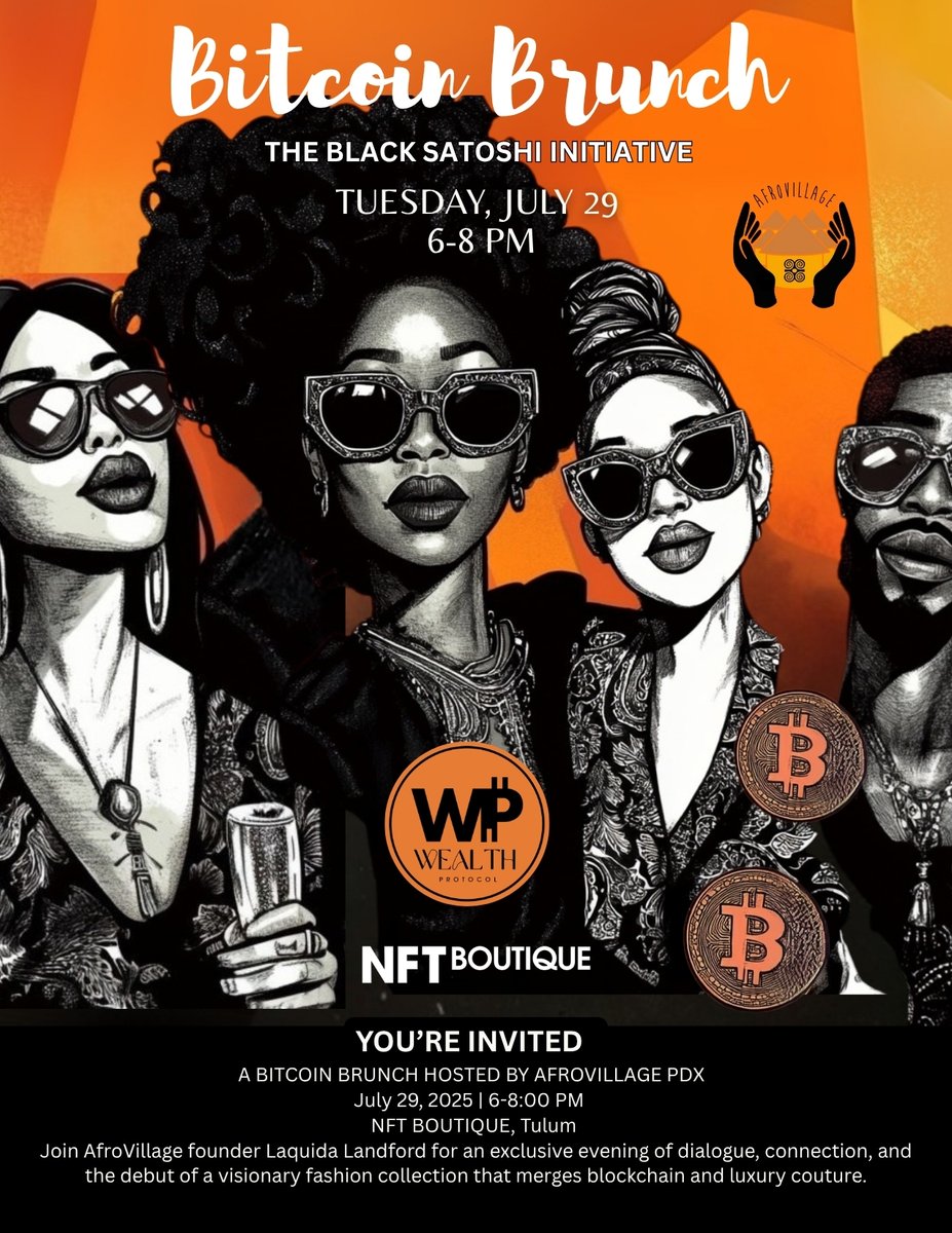 Excited for our special Bitcoin Brunch at the NFT Boutique, with the amazing LaQuida Landford <a href="/Reflections_Que/">LaQuida Landford</a>  founder of AfroVillage who will be sharing her vision for @Wealth_Protocol_btc :) RSVP required app.unlock-protocol.com/event/bitcoin-…