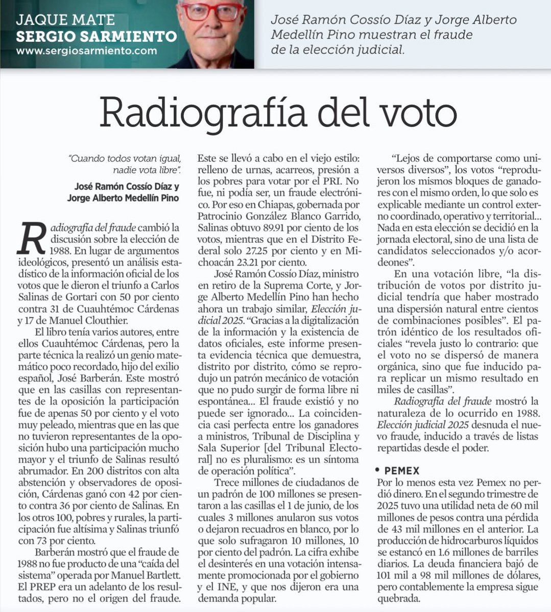 ⚠️ ¿Acaso el <a href="/INEMexico/">@INEMexico</a> no leyó este trabajo de <a href="/JRCossio/">José Ramón Cossío D.</a> y Medellín sobre el fraude electoral judicial? Qué conveniente. Lean y juzguen ustedes mismos a <a href="/SergioSarmiento/">Sergio Sarmiento</a> en <a href="/Reforma/">REFORMA</a> 

#FelizMartes
