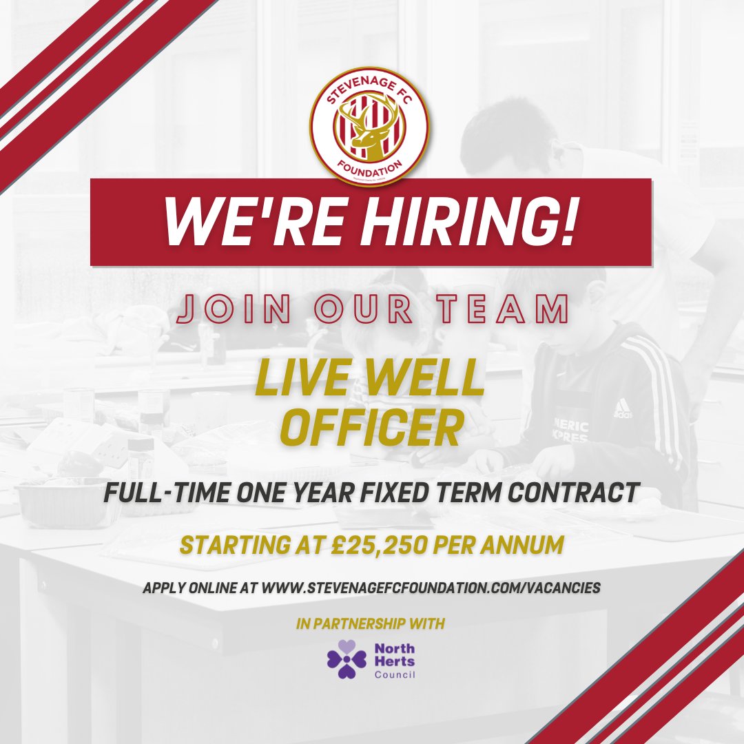 We are recruiting a Live Well Officer to join our team…

Thanks to funding from <a href="/NorthHertsDC/">North Herts Council</a>, the Foundation is looking to appoint a Live Well Officer to support the Health &amp; Wellbeing arm of Stevenage FC Foundation to develop an accessible health and wellbeing offer, in a