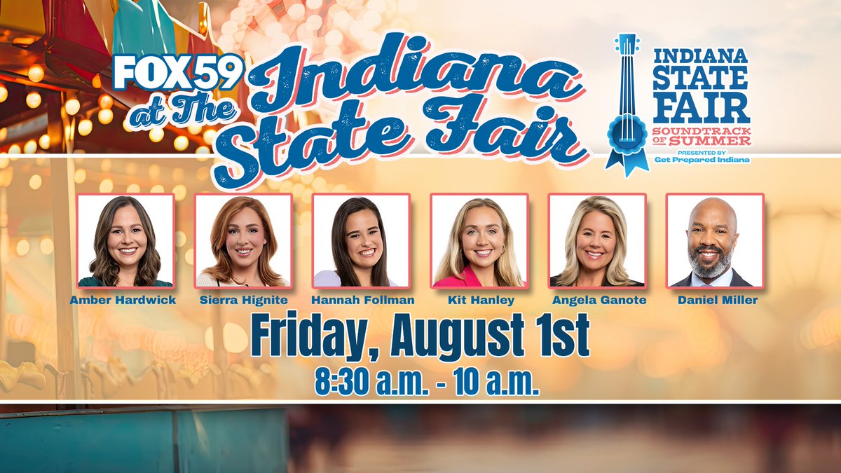 Join the <a href="/FOX59/">FOX59 News</a> team at the <a href="/IndyStateFair/">Indiana State Fair</a> this Friday, Aug. 1st opening day for all the fun and fair food! <a href="/FOX59/">FOX59 News</a> <a href="/AHardwickWx/">Amber Hardwick</a> <a href="/SierraHigniteTV/">Sierra Hignite</a> <a href="/HannahFollmanTV/">Hannah Follman</a> <a href="/kithanleytv/">Kit Hanley</a> <a href="/angelaganote/">Angela Ganote</a>