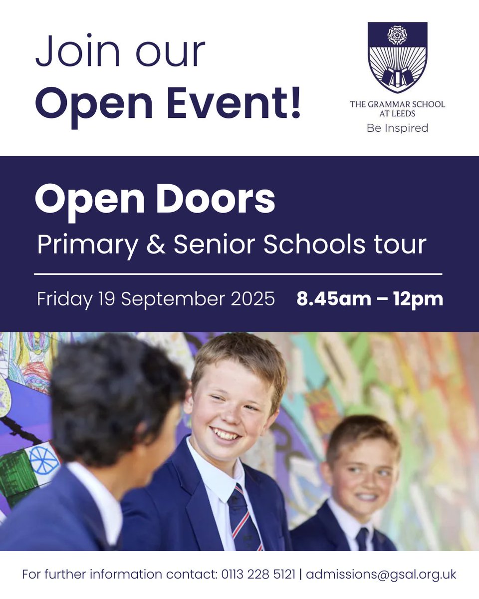 Take a tour at <a href="/TheGSAL/">The Grammar School at Leeds</a>, see lessons in action, talk to staff and students and see what goes on day-to-day in school on 19th September.

For more information contact: 0113 228 5121 | admissions@gsal.org.uk or visit: bit.ly/3VYNKBP  #GSAL