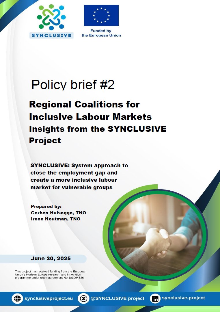 Synclusive43131's tweet photo. 📢 SYNCLUSIVE’S SECOND POLICY BRIEF IS OUT!

This edition explores the power of regional coalitions in addressing systemic barriers to employment for vulnerable groups across Bulgaria, Finland, the Netherlands, and Portugal.

Drawing from real-world insights in our Living Labs, the brief showcases how municipalities, employers, training providers, and civil society can work together to co-create practical, inclusive pathways to employment.

👉 Find it here: https://t.co/b4fmMSikE7

#Synclusive #PolicyBrief #InclusiveEmployment #LabourMarket #Innovation #LivingLabs