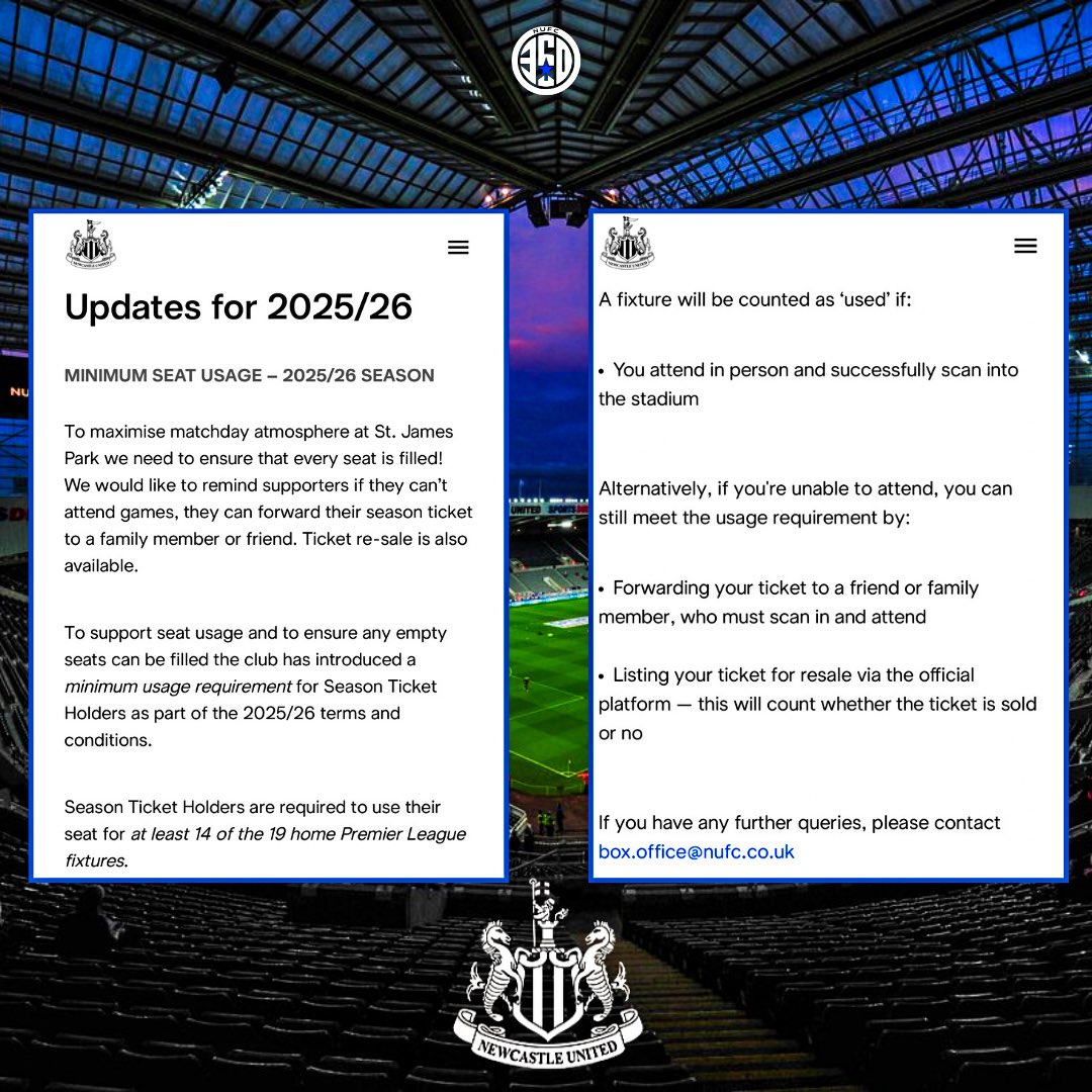 👀 Important update for season ticket holders on how the new Minimum Seat Usage policy will work.

#NUFC