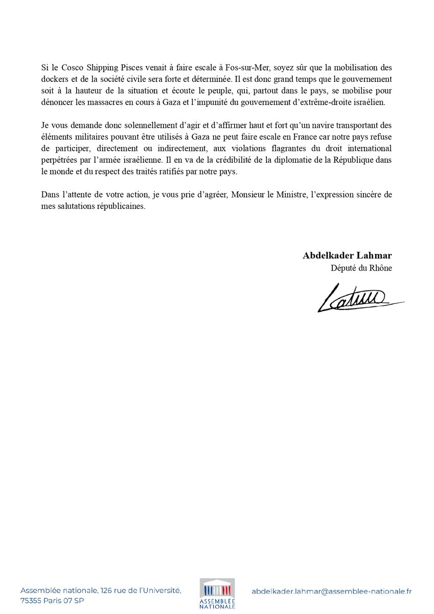 🇫🇷 Le gouvernement français ne doit pas être complice du génocide à Gaza ! 🇵🇸

📢 J’ai écrit au ministre des Armées <a href="/SebLecornu/">Sébastien Lecornu</a> au sujet de l’escale prévue du Cosco Shipping Pisces à Fos-sur-Mer le 30 juillet, selon le site web de l'opérateur EverGreen qui gère cette livraison.