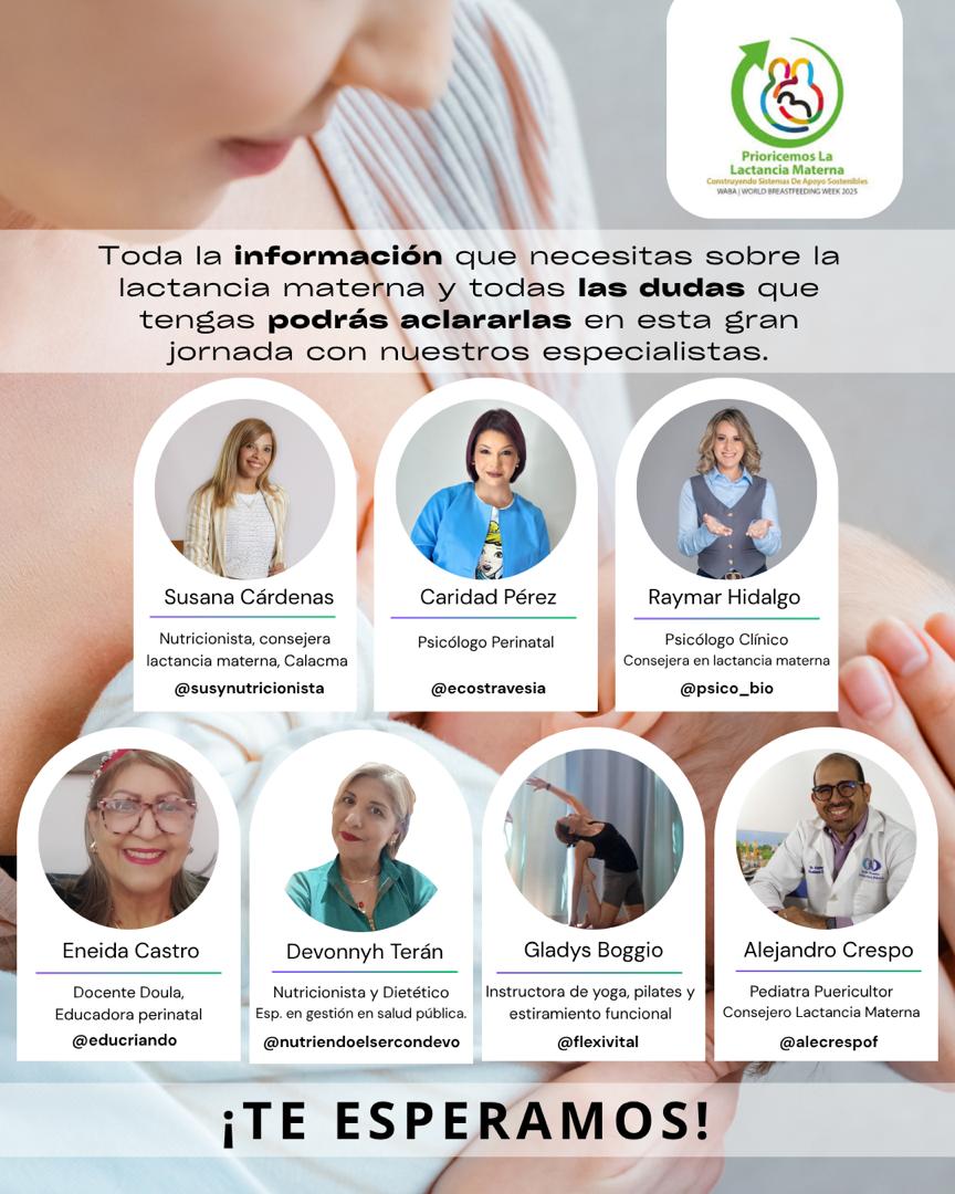 Si estás embarazada, esto es para tí.

Un evento para conmemorar la Semana Mundial de la Lactancia Materna donde estaremos Pediatras, Psicólogos, Nutricionistas y Doulas hablando del tema.

Escríbeme y te doy los detalles.

Y manda esto a una mujer embarazada que conozcas.