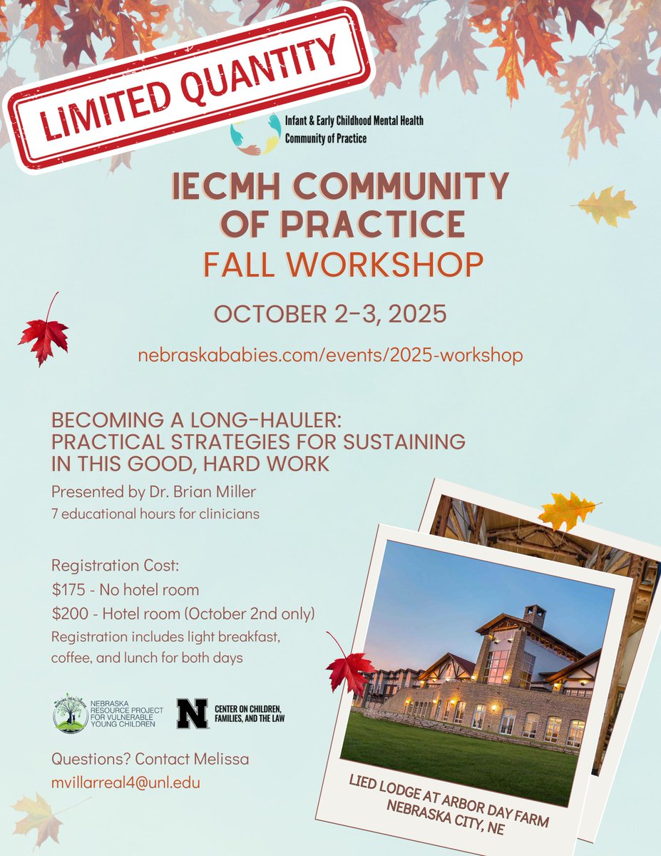 ‼️The Fall Workshop at Lied Lodge this October is almost sold out! We're thrilled by the interest in this event. We have fewer than 10 tickets left, so secure yours before they're gone. nebraskababies.com/events/2025-wo…
