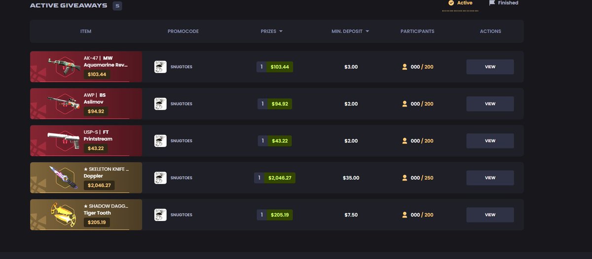 🚨2500$ KEY-DROP ON-SITE GIVEAWAYS🚨

1⃣ Code "Snugtoes" on key-drop.com

2⃣ Deposit 35/7.5/3/2$ to join all or a few giveaways, search "Snugtoes" in Giveaway Tab at the top. 
(ONE DEPO -&gt; ENTRY INTO ALL) 

3⃣ Good Luck and Thank you! 😻 (Ends at 200/250 entries)
