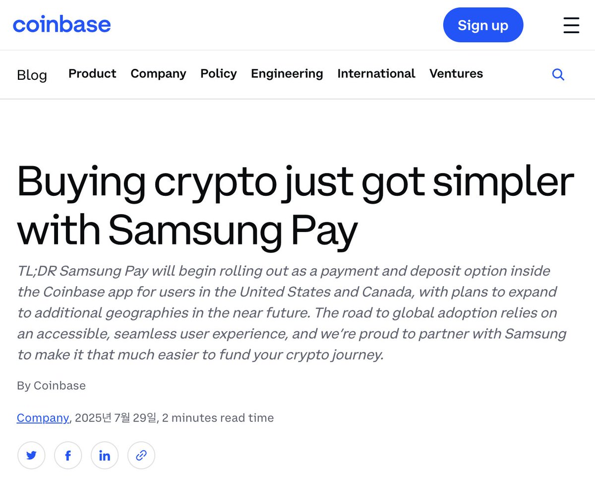 코인베이스, 삼성페이와 크립토 결제 파트너쉽] 코인베이스 Coinbase 가 삼성페이 Samsung Pay 와의 파트너십을 통해  암호화폐 구매 과정을 더욱 간편하게 만들었습니다. 2025년 7월 말부터 미국과 캐나다의 일부 코인베이스 이용자는 삼성페이를 결제 및  입금