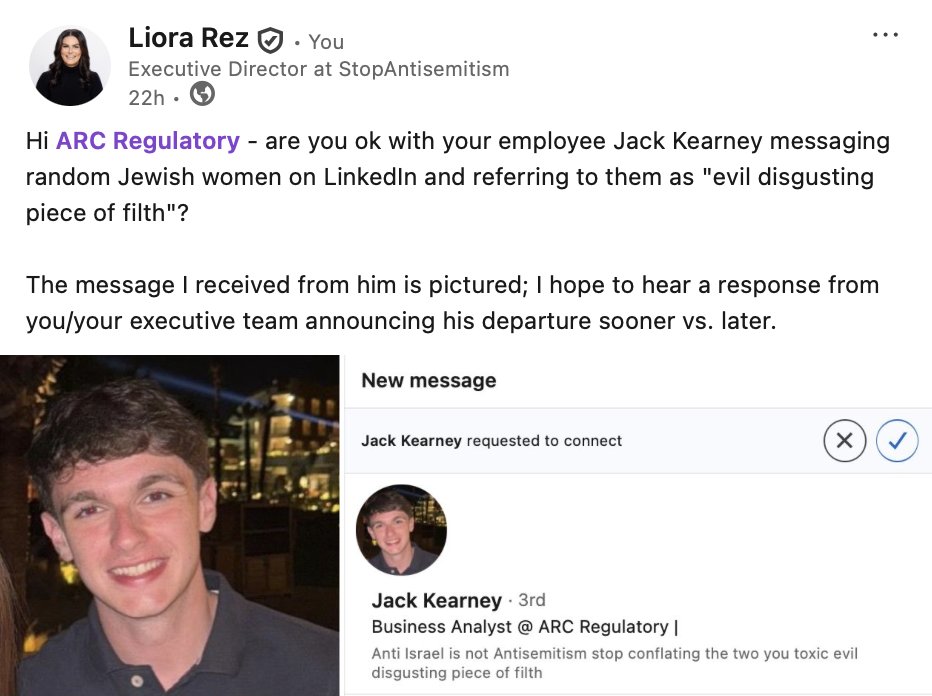 Yesterday, our ED received the following message from Jack Kearney, employed by ARC Regulatory - "you toxic evil disgusting piece of filth."

The company acknowledged the message and asked for the post to be removed. 

Enjoy the notoriety Jack &amp; stop sending Jewish women