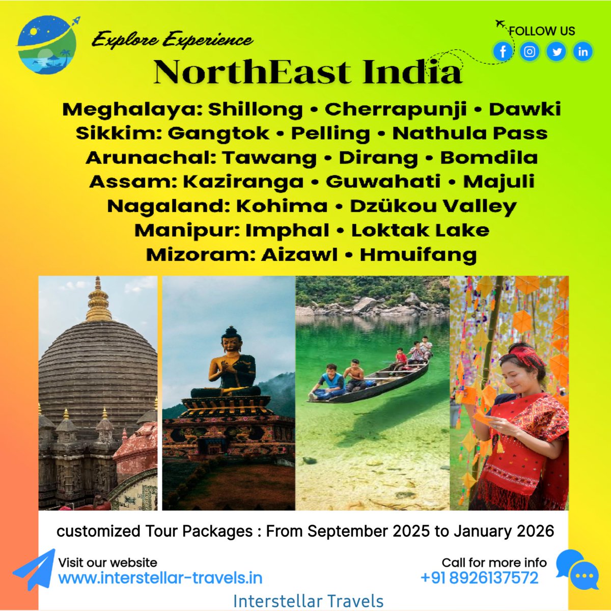 🌿 Explore North East India!
📍Shillong, Gangtok, Tawang, Kaziranga &amp; more
📅 Bookings open for : Sept 2025 – Jan 2026
Top picks: Meghalaya, Sikkim, Arunachal, Assam, Nagaland, Manipur, Mizoram

🌐 interstellar-travels.in

#NortheastIndia #tourpackage