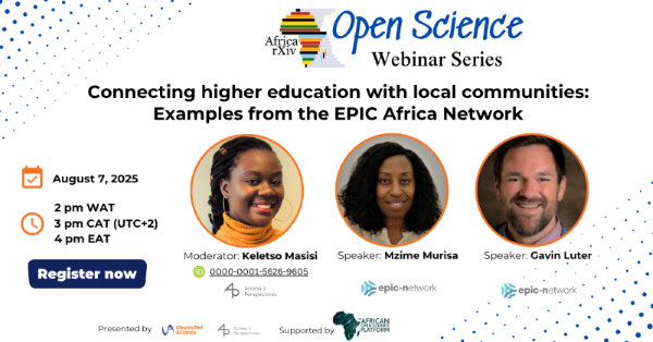 UbuntuNet Alliance (@ubuntunet) on Twitter photo Join us Next week for another <a href="/AfricArxiv/">AfricArXiv</a> open science webinar as we host <a href="/EPICNtweet/">EPIC-Network</a> who will talk about how the EPIC model has helped higher education connect with local communities agendas!
Register here: ubuntunet.zoom.us/webinar/regist…
Supported by <a href="/Aosp_OpenSci/">AOSP - AFRICAN OPEN SCIENCE PLATFORM</a> Join us Next week for another <a href="/AfricArxiv/">AfricArXiv</a> open science webinar as we host <a href="/EPICNtweet/">EPIC-Network</a> who will talk about how the EPIC model has helped higher education connect with local communities agendas!
Register here: ubuntunet.zoom.us/webinar/regist…
Supported by <a href="/Aosp_OpenSci/">AOSP - AFRICAN OPEN SCIENCE PLATFORM</a>