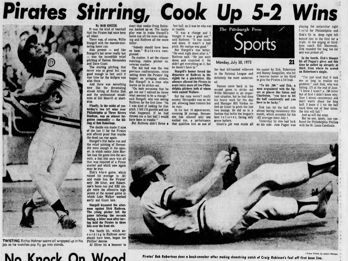 Jimmy T (@jimmytrdinich) on Twitter photo On this date in 1973, the <a href="/Pirates/">Pittsburgh Pirates</a> swept a DH from the Phillies at Three Rivers Stadium, winning both games by the score of 5-2. Willie Stargell connected for his 31st home run in game 1 and Richie Zisk went 4-for-4 with two triples in game 2. On this date in 1973, the <a href="/Pirates/">Pittsburgh Pirates</a> swept a DH from the Phillies at Three Rivers Stadium, winning both games by the score of 5-2. Willie Stargell connected for his 31st home run in game 1 and Richie Zisk went 4-for-4 with two triples in game 2.