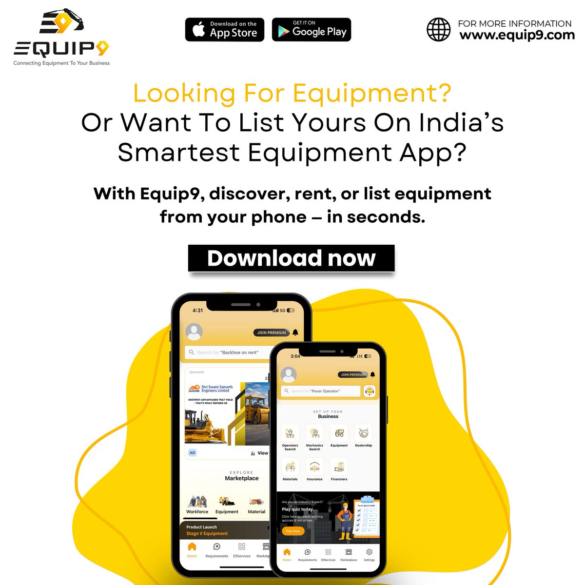 Equip9_'s tweet image. &quot;Looking for equipment or want to list yours?
With Equip9, discover, rent, or list equipment in seconds.
⚡ Smart. Fast. Hassle-free!&quot;
#Equip9 #SmartConstruction #InfraSolutions #HeavyEquipmentIndia #EquipmentRental #ConstructionTech #BuildWithEquip9 #InfraSupport