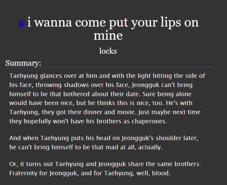 kookiefyy's tweet photo. taekook fic rec📖 : I wanna come put your lips on mine by @/locks

tags :
✔️ Best friend's brother au
✔️ Fluff/Humor
✔️ Age swap
✔️ College Au

A short funny and amazing read to bring you out of your reader's block. 

27K words
🔗https://t.co/LSzlwr41BM https://t.co/Ke5xUmR7W8
