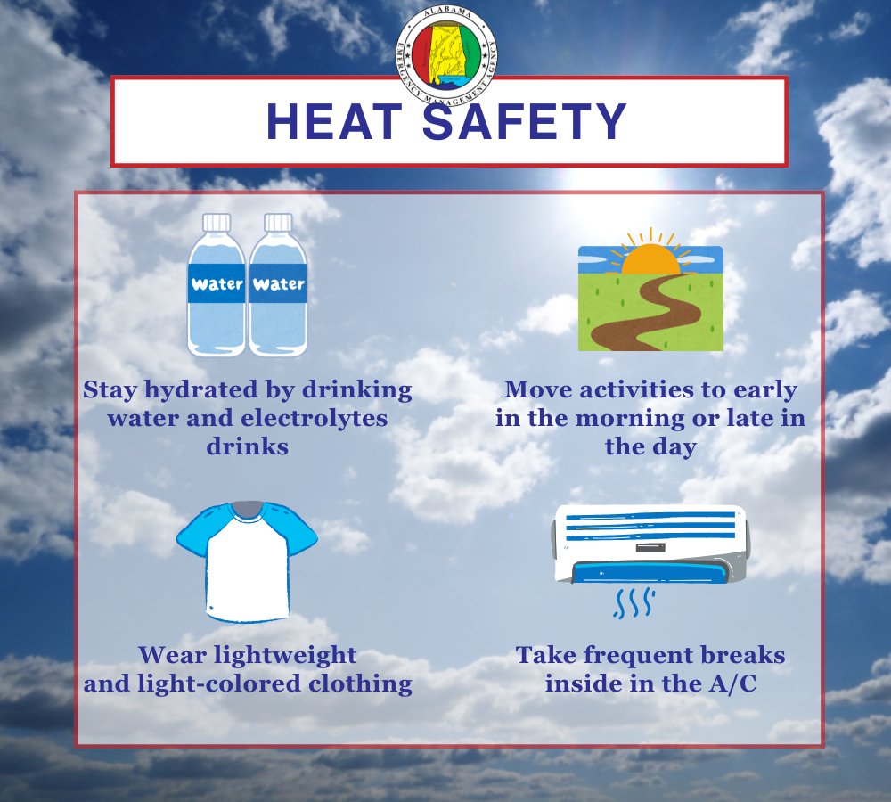 Take steps to protect yourself from the heat this week and stay safe. Never leave children or pets in hot cars, drink plenty of water, take breaks from the heat, and minimize the amount of time spent outside.