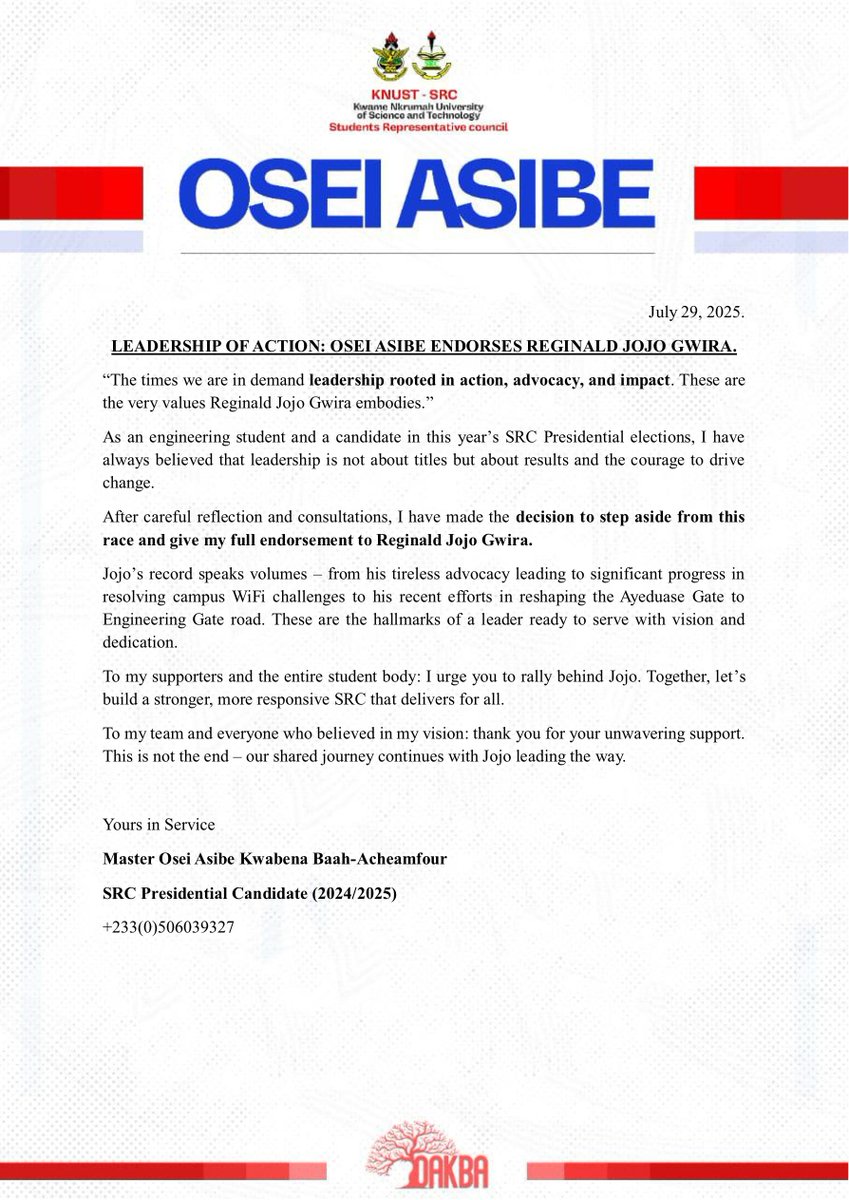 Reginald JOJO Gwira (@reginald_jojo) on Twitter photo In this moment of shared purpose and collective aspiration, I am deeply honored to extend my heartfelt gratitude to Master Osei Asibe Kwabena Baah-Acheamfour (<a href="/oakb_a_/">OSEI ASIBE</a>), a colleague member of <a href="/thegesaknust/">GESA KNUST</a> and aspirant for the high office of the SRC Presidency.
Your steadfast In this moment of shared purpose and collective aspiration, I am deeply honored to extend my heartfelt gratitude to Master Osei Asibe Kwabena Baah-Acheamfour (<a href="/oakb_a_/">OSEI ASIBE</a>), a colleague member of <a href="/thegesaknust/">GESA KNUST</a> and aspirant for the high office of the SRC Presidency.
Your steadfast