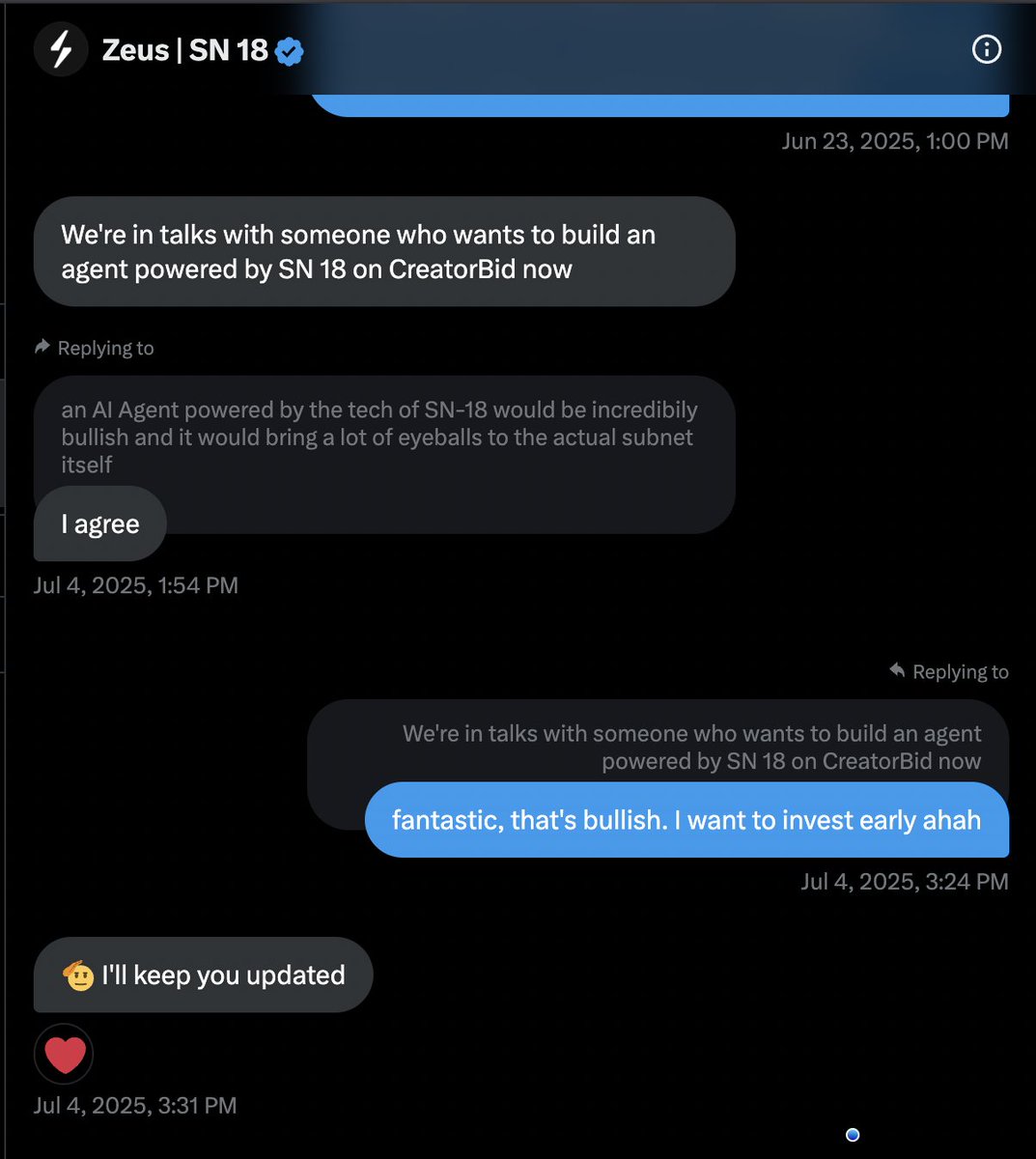Zora (@zoraweb3) on Twitter photo A few weeks ago I DM’d <a href="/zeussubnet/">Zeus | SN 18</a> about the idea of launching an SN18-powered agent on <a href="/CreatorBid/">Creator.Bid 🕵️🗝️</a>.
Yesterday, CreatorBid announced $HERMES (a SN18-powered agent that’s officially launching on their V2).
Whether my message played a role in sparking this or not, I’m thrilled to A few weeks ago I DM’d <a href="/zeussubnet/">Zeus | SN 18</a> about the idea of launching an SN18-powered agent on <a href="/CreatorBid/">Creator.Bid 🕵️🗝️</a>.
Yesterday, CreatorBid announced $HERMES (a SN18-powered agent that’s officially launching on their V2).
Whether my message played a role in sparking this or not, I’m thrilled to