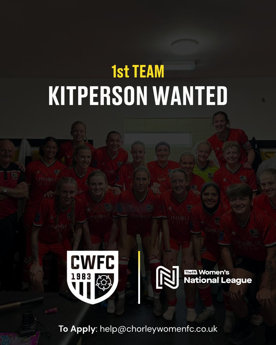 👕 KITPERSON WANTED!

We’re looking for a kitperson to join the team for the 25/26 season. A rewarding role which includes preparing, washing, and managing the kit for our first team.

To register interest, please email help@chorleywomenfc.co.uk or DM us on socials.