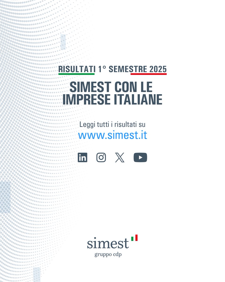 SIMEST (@simest_it) on Twitter photo #29luglio | Il Cda di #SIMEST ha approvato la relazione finanziaria, relativa al 1° Semestre 2025, illustrata dall'AD
<a href="/R_CorradiniD/">Regina Corradini D'Arienzo</a>.
✅Impiegate complessivamente risorse per €5mld (+4% vs 1h‘24)
✅Servite oltre 1.100 imprese per il 90% #PMI
✅Rafforzato il sostegno alle imprese #29luglio | Il Cda di #SIMEST ha approvato la relazione finanziaria, relativa al 1° Semestre 2025, illustrata dall'AD
<a href="/R_CorradiniD/">Regina Corradini D'Arienzo</a>.
✅Impiegate complessivamente risorse per €5mld (+4% vs 1h‘24)
✅Servite oltre 1.100 imprese per il 90% #PMI
✅Rafforzato il sostegno alle imprese