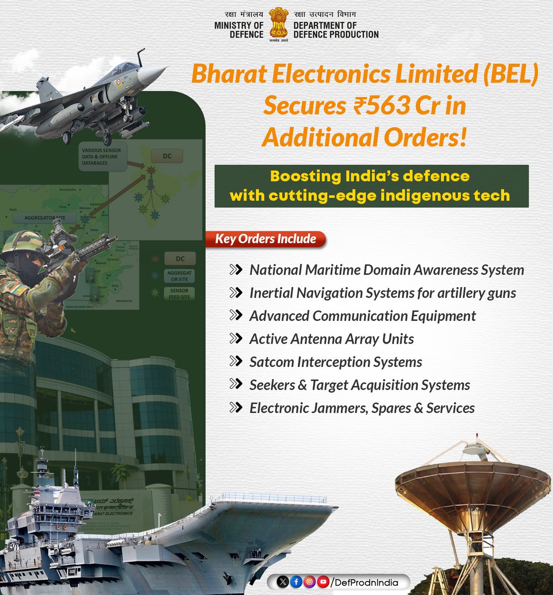 #BEL Secures Additional Orders Worth ₹563 Cr!

Bharat Electronics Ltd (BEL) has received significant orders for cutting-edge defence systems:

🔹 National Maritime Domain Awareness System
🔹 Inertial Navigation Systems for artillery guns
🔹 Advanced Communication Equipment
🔹