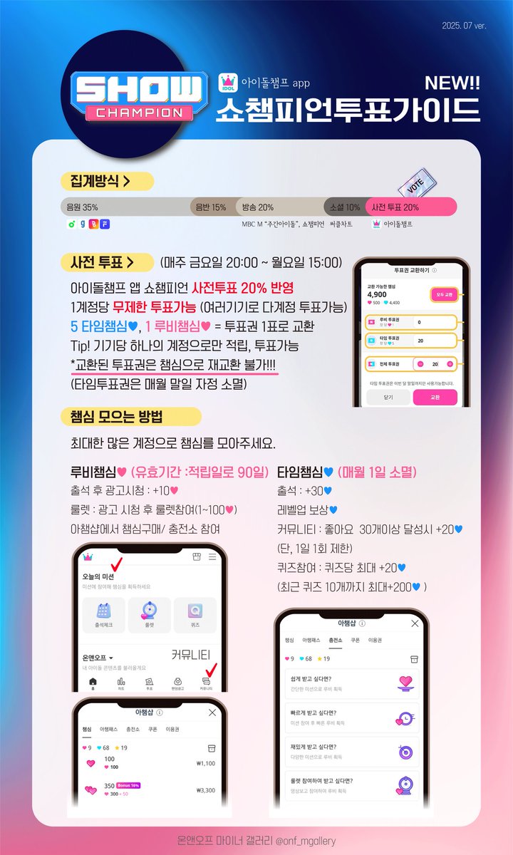 ⚡⚡아챔 쇼챔 투표 가이드(25.07 ver.)⚡⚡

📌 쇼챔피언 사전투표를 위해 투표권을 모아주세요! 

✅️ 루비챔심 유효기간 90일
✅️ 타임챔심 매달 1일 소멸

사전투표가 ✨️무제한 투표 가능✨️ 으로 변경되었으니 지금부터 챔심 모아주세요🔥

❗️쇼챔은 실시간 투표없이 사전투표가 20%입니다