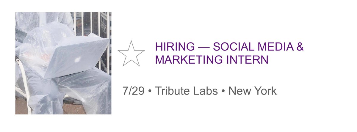 Tribute Labs (@tributelabsxyz) on Twitter photo we are hiring an intern (paid, hybrid).
reach out with resume + socials + questions: jobs@tributelabs.xyz we are hiring an intern (paid, hybrid).
reach out with resume + socials + questions: jobs@tributelabs.xyz
